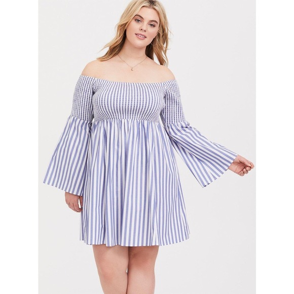 Torrid Blue Stripe Smocked Skater Dress Off The Shoulder Women's Plus Size 1 1X - Picture 11 of 11